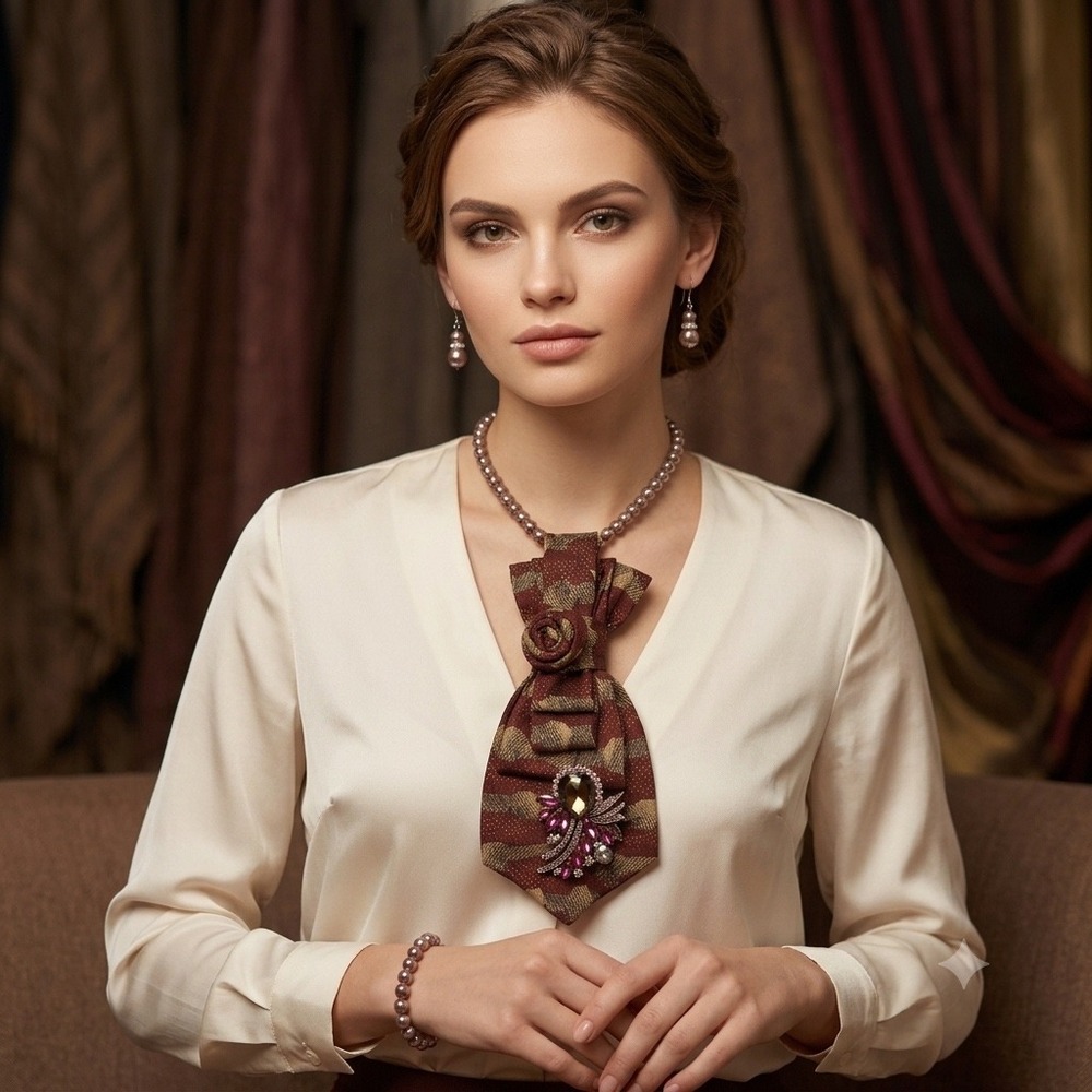 Villa Bugatti Repurposed Silk Tie Necklace Set Brooch Pearl Earrings Bracelet